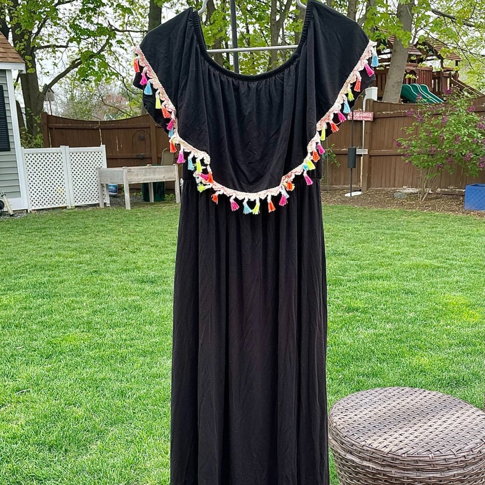 Pink Blush Black Off Shoulder Maxi Dress with Neon Fringe
